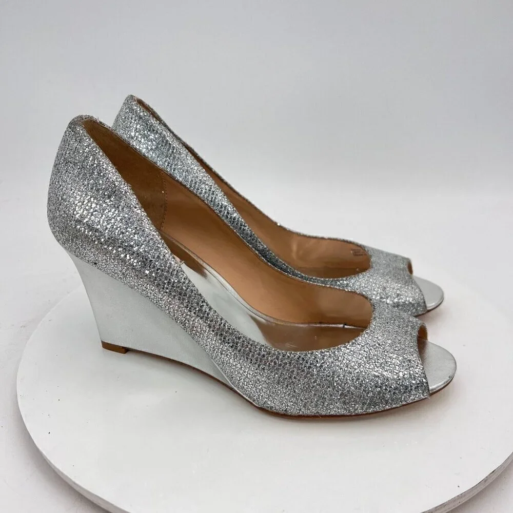 Badgley Mischka Women Size 9 Metallic Silver Glitter Open Toe Wedges Shoes